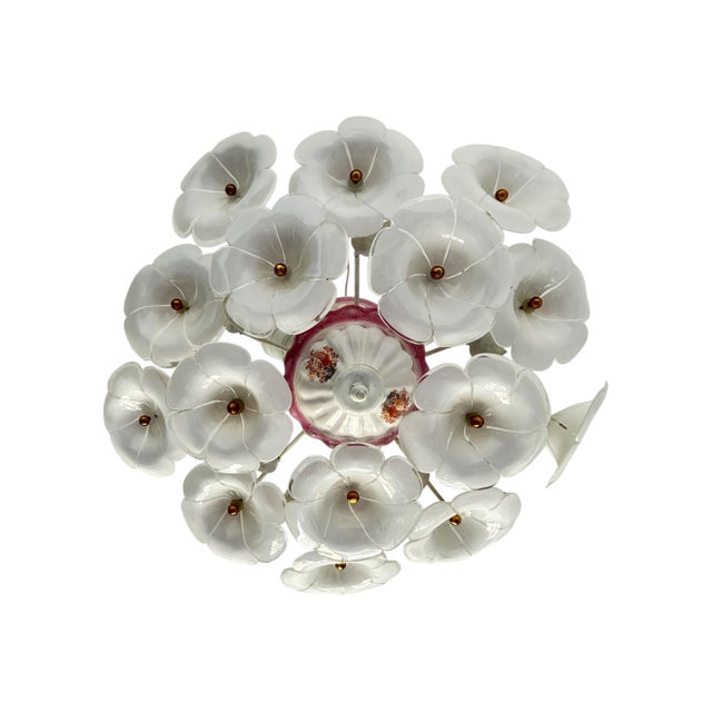 Art Deco Vintage White Murano Style Floral Chandelier | Italian Art Deco Ceiling Light | 1980s Glass Flower Lighting For Sale - Image 3 of 17