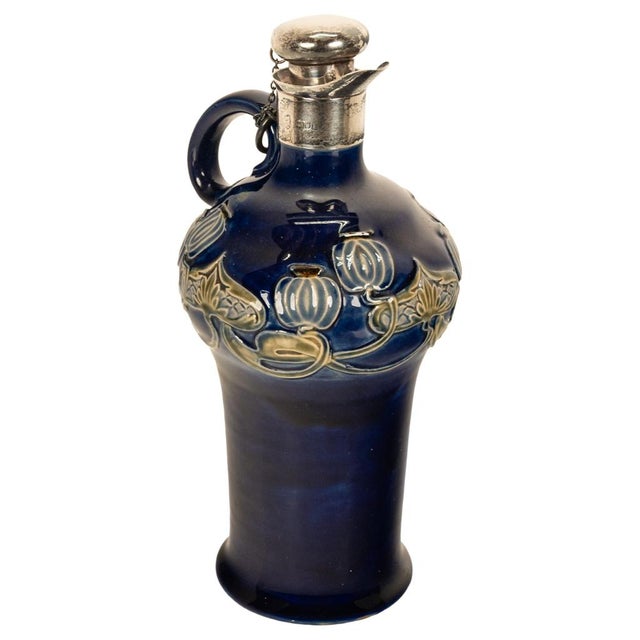 Ink Blue Antique Art Nouveau Royal Doulton Lambeth Whiskey Jug Silver Mounts London 1903 For Sale - Image 8 of 14