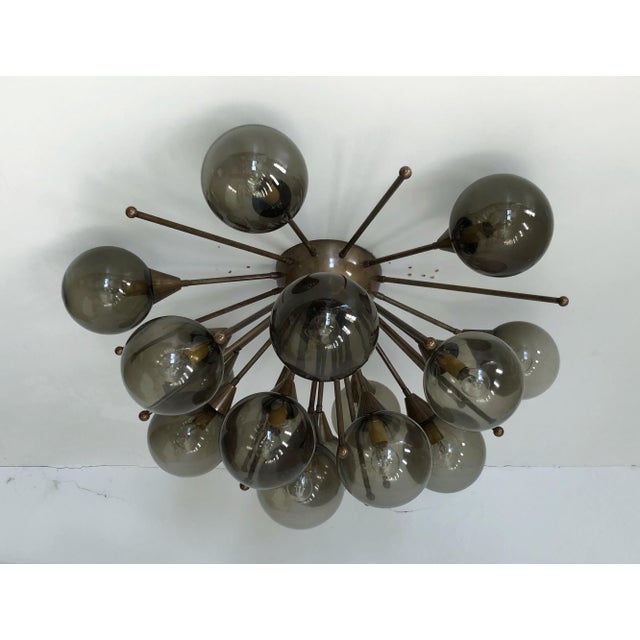 Italian sputnik flush mount with smoky Murano glass globes mounted on solid brass frame in bronze finish / Made in Italy...