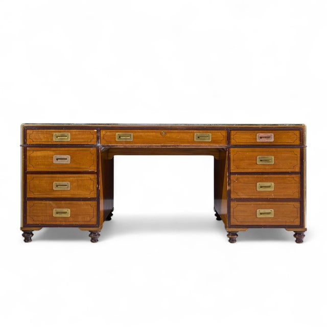 Baker Furniture Campaign Style Leather Top Partners Desk For Sale - Image 9 of 10