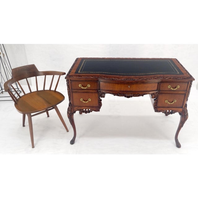 Rococo Carved Mahogany Embossed Black Leather Top Petit Compact 5 Drawers Desk MINT For Sale - Image 3 of 14