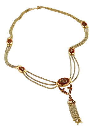 Antique Red Floral Enamel Triple Strand 18k Yellow Gold Tassel Necklace