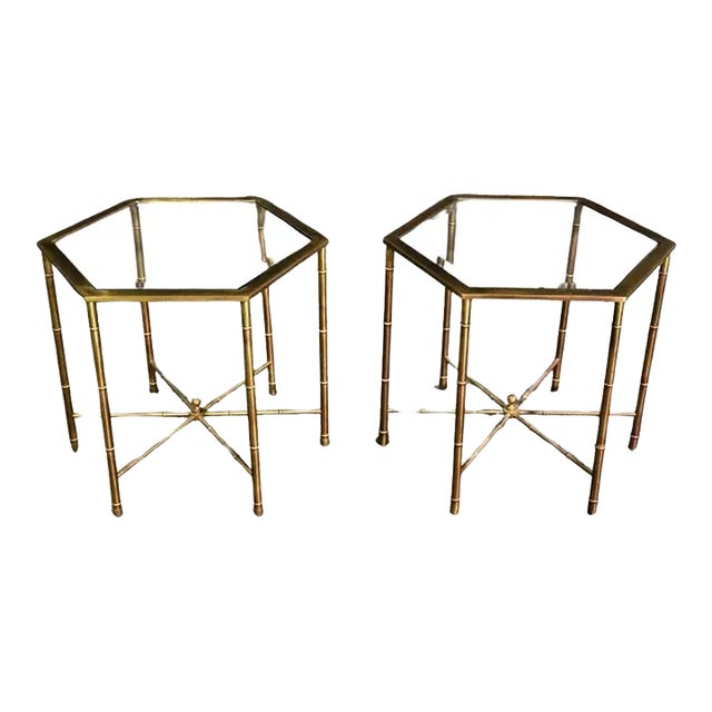 Faux Bamboo Bagues Style Solid Brass Hexangonal End Tables Circa 1970 - A Pair For Sale