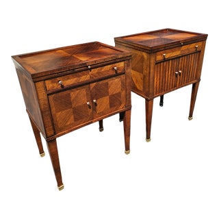 Antique French Louis XVI Style Marquetry Bedside Tables With Retractable Tooled Leather Top Shelves For Sale