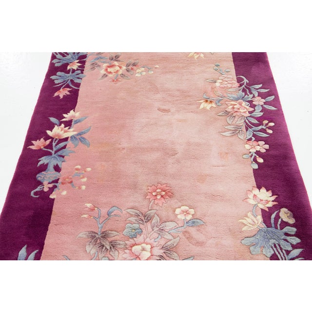 Pink 4 X 6 Antique Chinese Art Deco Pink Wool Rug With Floral Design For Sale - Image 8 of 9