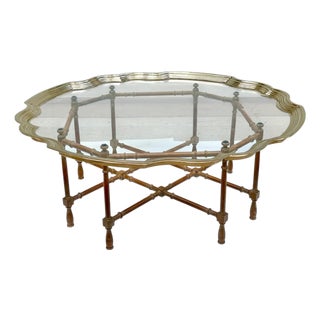 Vintage Hollywood Regency Faux Bamboo & Brass Scalloped Glass Tray Coffee Table, 42” Round For Sale