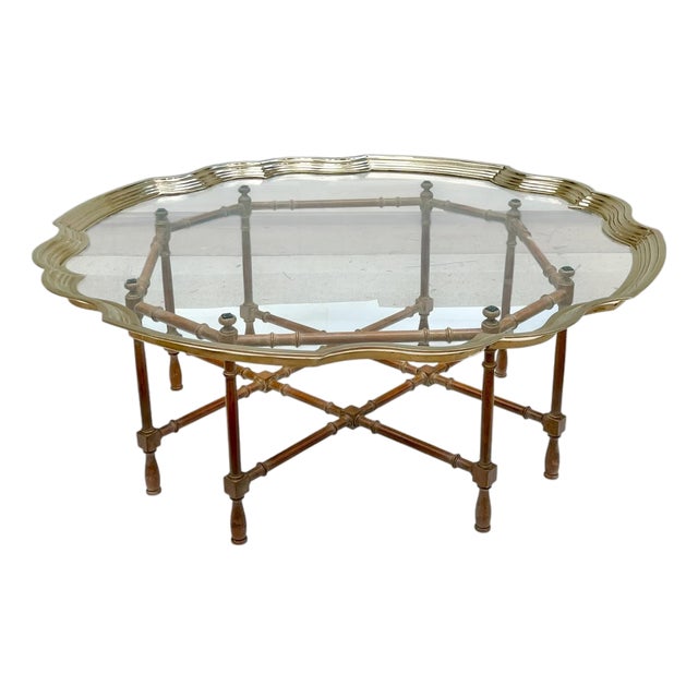 Vintage Hollywood Regency Faux Bamboo & Brass Scalloped Glass Tray Coffee Table, 42” Round For Sale