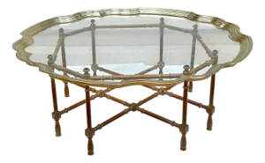 Vintage Hollywood Regency Faux Bamboo & Brass Scalloped Glass Tray Coffee Table, 42” Round