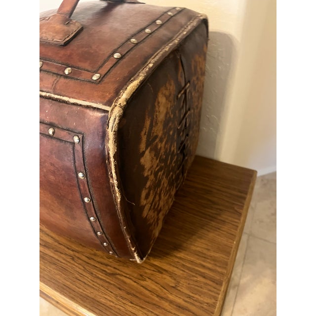 Brown 1990s Tooled Leather Ottoman Plain With Nailheads Antique Brown For Sale - Image 8 of 12