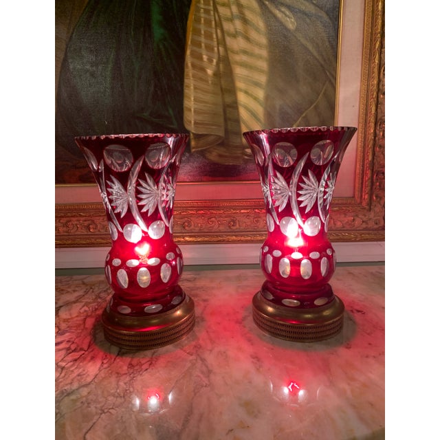 Antique Cranberry Crystal Table Lamps - Pair This pair of ornate cranberry glass electric table lamps would bring a unique...