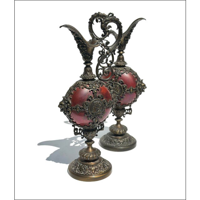 Victorian 19thC Antique Ornate Brass Commemorative European Decorative Ewers-Set of Two For Sale - Image 3 of 10