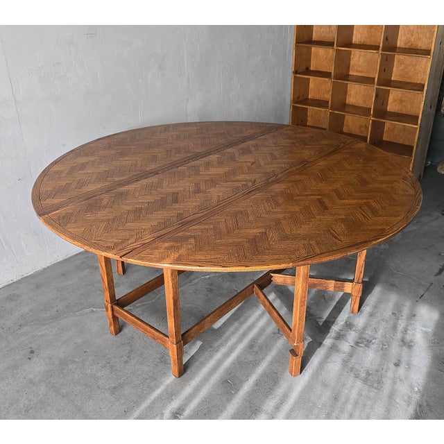 Wood 1980s 6ft Round Parquet Oak Drop Leaf Dining Table For Sale - Image 7 of 11