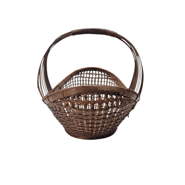 Wood Mid-Century Modern Sculptural Woven Bamboo Canoe Basket 21" For Sale - Image 7 of 11