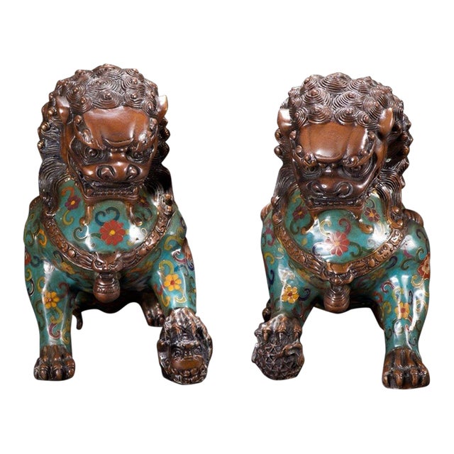 Pair of Vintage Cloisonné Enamel Guardian Lions – Gilt Bronze Foo Dogs, Turquoise Ground For Sale
