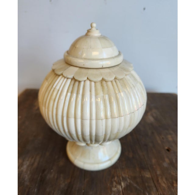 Vintage Enrique Garcel Neoclassical Style Fluted Tessellated Bone Lidded Urns - Set of 3 For Sale - Image 9 of 16