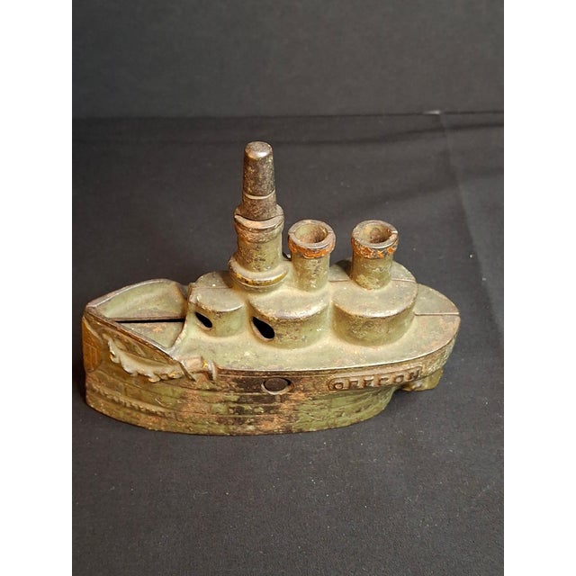 American Antique Cast Iron Battleship Oregon Still Penny Bank J&e Stevens Green Paint 1898 For Sale - Image 3 of 14
