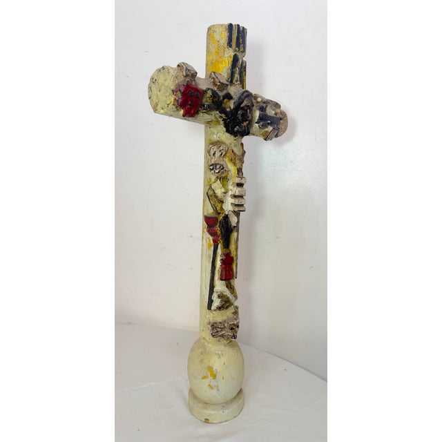 Large 1700's Antique Polychromed Carved Folk Art Wood Religious Crucifix Cross For Sale - Image 14 of 18