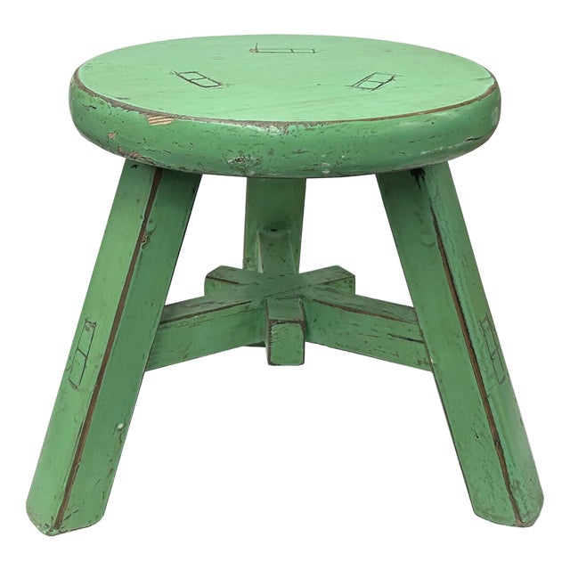 Rustic Pastel Green Round Top Tri-Legs Small Short Stool Table Stand For Sale