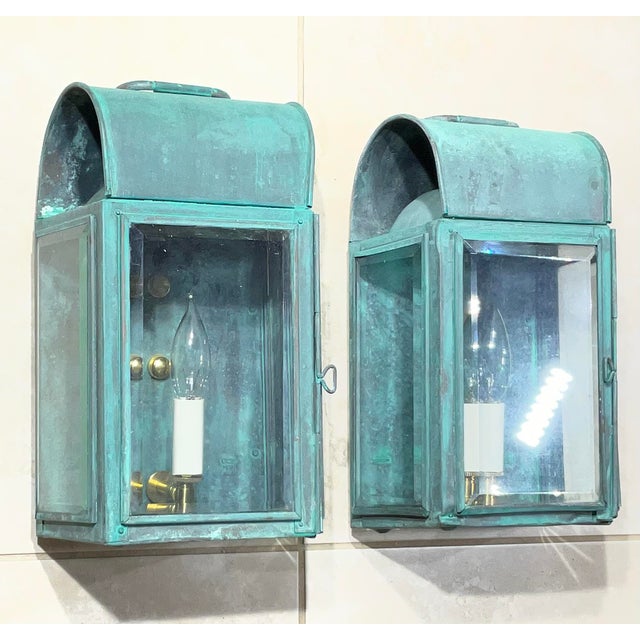 African Pair of Antique Verdigris Copper Wall Lanterns – Converted & Electrified For Sale - Image 3 of 17