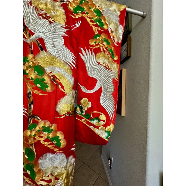 Vintage Red Brocade With Flying Cranes Japanese Ceremonial Kimono For Sale - Image 16 of 18