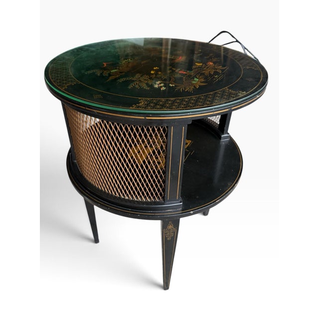 Vintage Chinoiserie Black Lacquer Round Two-Tier Side Table With Glass Top For Sale In Buffalo - Image 6 of 10
