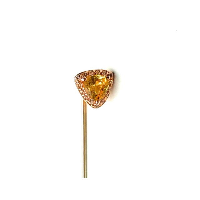 Gold 14k Yellow Gold Halo Diamond Pin Featuring a Triangular Ceylon Yellow Sapphire For Sale - Image 8 of 9