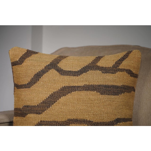 2020s Mustard Brown Tribal Stripe Kilim Pillow – 16x16 Vintage Handwoven For Sale - Image 5 of 6