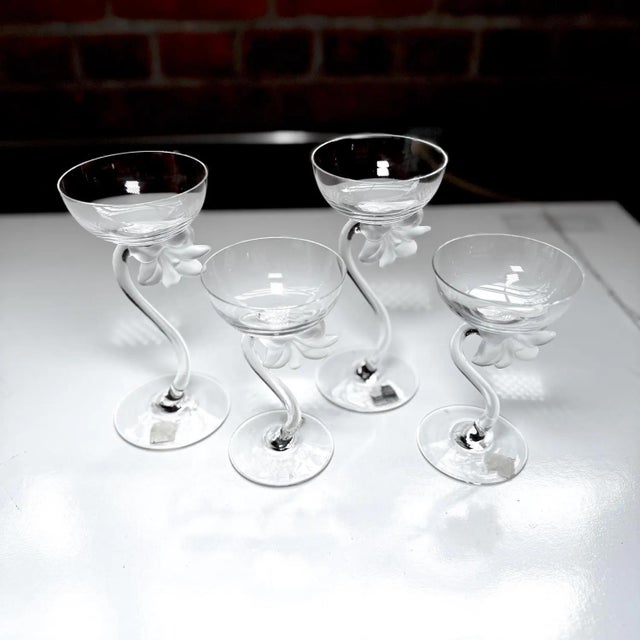 Exquisite set of 4 handblown crystal coupes by Spiegelau, Germany • Features signature twisted stems and delicate frosted...