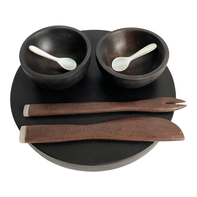 Vintage Caviar Serving Set Ebony Wood & Mother of Pearl Spoons Set of 7 For Sale