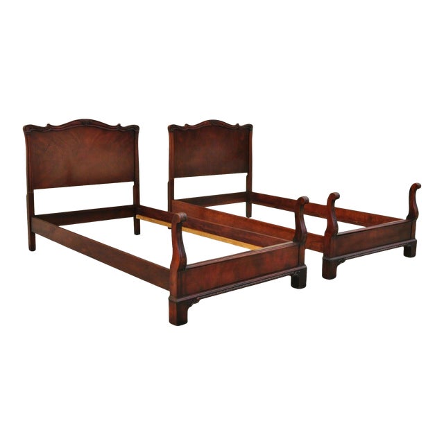 Antique Mahogany Chinese Chippendale Twin Single Carved Bed Frames A Pair