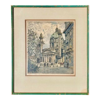 Antique Etching Karlskirche Vienna Baroque Architecture, Signed & Framed For Sale