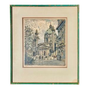 Antique Etching Karlskirche Vienna Baroque Architecture, Signed & Framed
