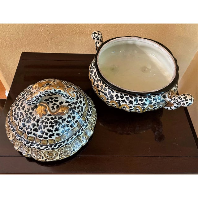 Vintage Chinese Ceramic Tureen With Abstract Tribal Motif in Browns, Black, Cream and Gold For Sale - Image 9 of 10