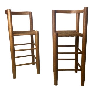 Charlotte Perriand Style Rush and Wood Corner Bar Chairs - a Pair For Sale