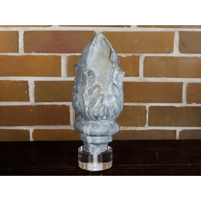 Traditional Zinc Crowned Acorn 1920s Decorative Element Mounted on Circular Lucite Base For Sale - Image 3 of 12