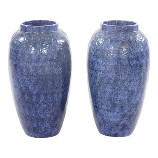 Pair Antique Roseville Art Pottery Floral Embossed Vases With Mottled Blue Glaze For Sale