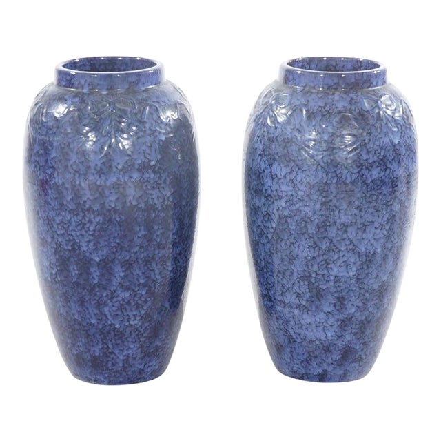 Pair Antique Roseville Art Pottery Floral Embossed Vases With Mottled Blue Glaze For Sale