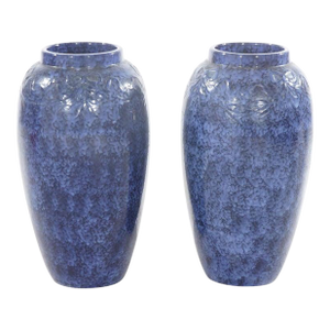 Pair Antique Roseville Art Pottery Floral Embossed Vases With Mottled Blue Glaze