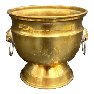 Small Brass Pedestal Bowl W/ Lion Head Knocker Pulls For Sale
