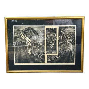 Vintage Alice in Wonderland Halloween Framed Wood Cut Original Art, Signed Sharon Campbell 1974
