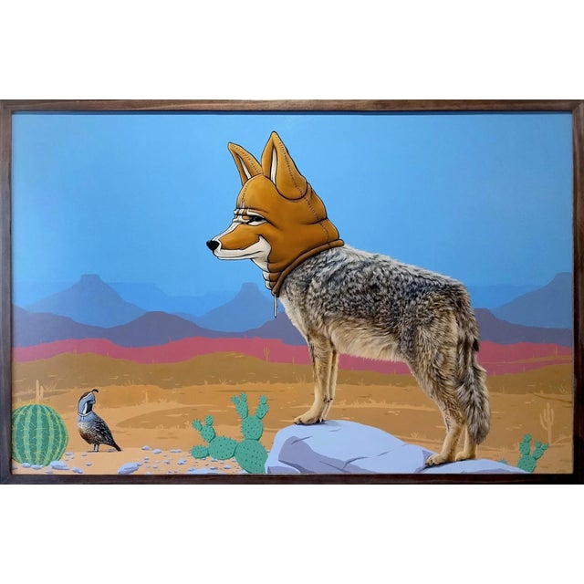 Early 21st Century Masks We Wear, Overtaking the Past by 3rd Version (Ben Patterson) | Oil on masonite panel Coyote in a mask standing in a desert landscape. For Sale - Image 5 of 10