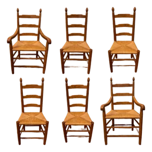 Vintage Clore Ladder Back Dining Chairs Set of Six - Virginia-Made Oak and Rush Handmade Chairs