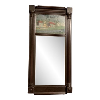 Antique Federal Trumeau Mirror With Reverse Painted Eglomise Panel With Original Tasseled Hanger Vivid Colors See All Photos 29.5" H For Sale