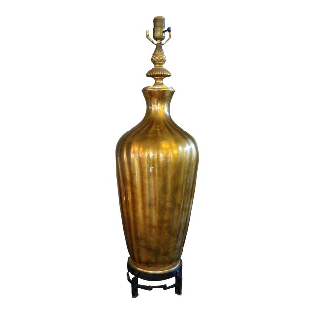 Large Mid-Century Asian Modern Italian Gold Glass Lamp on an Iron Base For Sale