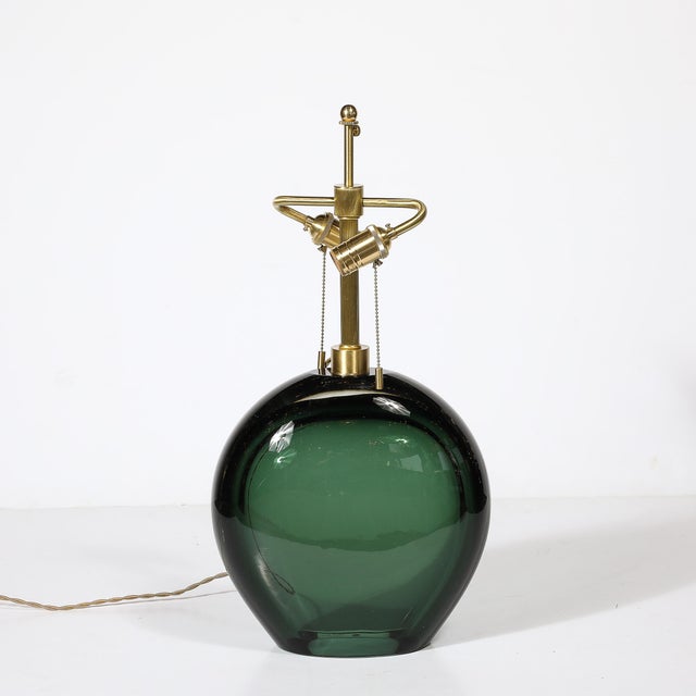 Modernist Handblown Smoked Viridian Green Murano Glass & Brass Table Lamps For Sale In New York - Image 6 of 12