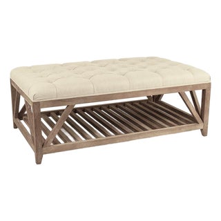Mathis Tufted Ottoman - Linen / Weathered Oak Frame For Sale