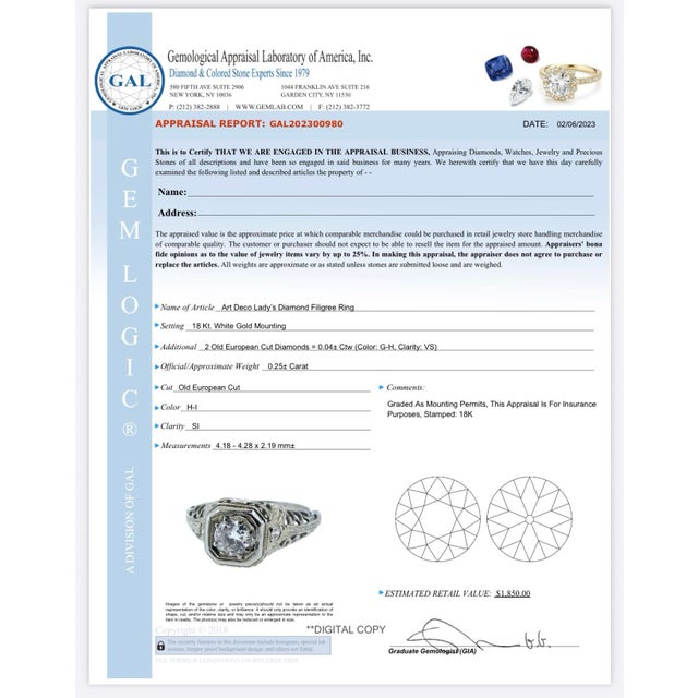 Art Deco Diamond Filigree Engagement Ring in 18k White Gold, Old European Cut 0.25 Ct, C. 1920s, Size 5 For Sale - Image 11 of 12