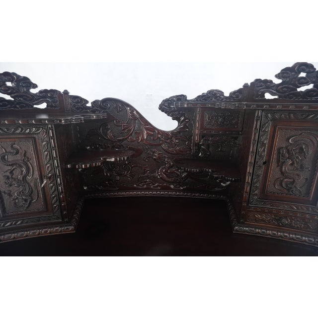 Very Fine Heavily Carved Solid Mahogany Japanese Curved Desk Multiple Drawers For Sale - Image 9 of 12