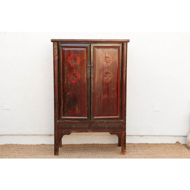 Antique Painted Medallions Red Lacquer Tall Cabinet For Sale - Image 10 of 10