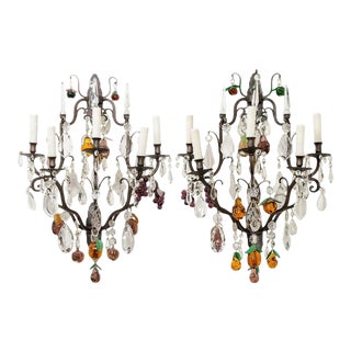 French 19th Century Iron and Crystal Fruitage Sconces - a Pair For Sale